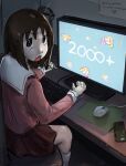  1girl absurdres announcement_celebration azumanga_daioh cellphone computer english_text highres indoors kasuga_ayumu keyboard_(computer) liamickpie looking_at_viewer mihama_chiyo monitor mouse_(computer) mousepad_(object) phone poster_(object) screen_light sitting smartphone solo_focus 