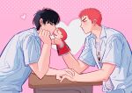  2boys absurdres arm_rest black_eyes black_hair blush closed_eyes cou couple desk from_side hand_puppet heart heduel highres holding_hands kiss looking_at_another male_focus multiple_boys pink_background profile puppet red_hair rukawa_kaede sakuragi_hanamichi school_desk short_hair simple_background slam_dunk_(series) upper_body yaoi 