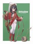  1girl absurdres arrow_(projectile) bilibili_xiaolu black_hair bow_(weapon) braid closed_mouth english_text full_body green_eyes hair_between_eyes highres jacket jewelry long_hair long_sleeves looking_at_viewer original pointy_footwear quiver red_footwear red_jacket ring sash simple_background single_braid solo standing thighhighs weapon white_thighhighs 