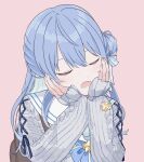  1girl arutya blue_bow blue_bowtie blue_hair blush bow bowtie brooch cardigan closed_eyes commentary grey_cardigan hair_bun half_updo hands_on_own_face hashtag_only_commentary head_rest highres hololive hoshimachi_suisei hoshimachi_suisei_(school_uniform) jewelry long_hair long_sleeves lower_teeth_only official_alternate_costume open_mouth sailor_collar single_side_bun solo star_brooch teeth u_u upper_body virtual_youtuber white_sailor_collar 