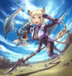  1girl :3 :d adventurer_(ff11) animal_ear_fluff animal_ears arm_guards armor blonde_hair blue_eyes blue_sky breasts brown_tail cactus41747280 cat_ears cat_girl cat_tail cloud dragon dragoon_(final_fantasy) dragoon_wyvern_(ff11) fangs faulds final_fantasy final_fantasy_xi full_body hand_up highres holding holding_polearm holding_weapon medium_breasts mithra_(ff11) no_eyebrows open_mouth outdoors parted_bangs polearm purple_armor short_hair short_twintails shoulder_armor sky smile solo spear swept_bangs tail twintails weapon 