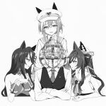  1boy 3girls animal_ears breasts cheval_grand_(umamusume) commentary crossed_arms from_behind hair_between_eyes hair_ornament hat highres horse_ears horse_girl long_hair looking_at_another medium_breasts mimimimitsuha mole mole_under_eye monochrome motion_blur multiple_girls own_hands_together trainer_(umamusume) twintails umamusume v_sisters verxina_(umamusume) vivlos_(umamusume) white_background 