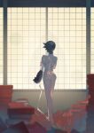  1girl absurdres ao_tsukushi architecture arm_at_side ass bandaged_arm bandages bare_back barefoot black_hair blurry blurry_foreground book commentary completely_nude depth_of_field east_asian_architecture full_body hand_on_own_arm highres indoors kanbaru_suruga loose_bandages monkey_arm monogatari_(series) nude pile_of_books short_hair shouji skinny sliding_doors solo standing tomboy very_short_hair walking 