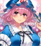  1girl blue_headwear blush breasts bug butterfly chacham closed_mouth commentary hat looking_at_viewer mob_cap pink_hair saigyouji_yuyuko sample_watermark short_hair smile solo touhou traditional_media triangular_headpiece watermark 
