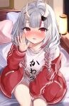  alternate_costume bed blush braid breasts collarbone commentary_request fang grey_hair highres hololive horns ibuki_sho jacket lantern looking_at_viewer nakiri_ayame pillow red_eyes shirt sitting small_breasts twin_braids virtual_youtuber whispering 
