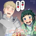  1boy 1girl armor beads blunt_bangs blush chinese_clothes crossover dated drooling dungeon_meshi excited freckles gradient_background green_hair hair_beads hair_ornament hair_over_shoulder hands_up hanfu happy heart hotpot hungry isomine kusuriya_no_hitorigoto laios_thorden long_hair long_sleeves maomao_(kusuriya_no_hitorigoto) multi-tied_hair mushroom open_mouth pauldrons plate_armor season_connection short_hair shoulder_armor side-by-side sidelocks steam translation_request upper_body 