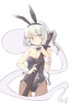  1girl animal_ears arnest bare_shoulders black_bow black_bowtie black_leotard black_pantyhose bow bowtie breasts cleavage detached_collar expressionless fake_animal_ears green_eyes grey_hair highres holding holding_sheath holding_sword holding_weapon konpaku_youmu konpaku_youmu_(ghost) large_breasts leotard pantyhose playboy_bunny rabbit_ears sheath sheathed short_hair strapless strapless_leotard sword touhou weapon wrist_cuffs 