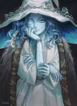  1girl blue_eyes blue_hair blue_skin cape cloak colored_skin cracked_skin doll_joints elden_ring extra_arms extra_faces fur_cape fur_cloak hat highres joints large_hat looking_at_viewer ranni_the_witch rashuu solo witch witch_hat 