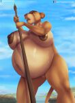  2022 anthro anthrofied areola belly big_belly big_breasts blue_sky bodily_fluids breasts brown_body brown_eyes brown_fur casual_nudity cloud cloudscape dark_areola dark_nipples day disney el-loko felid female fur genitals glistening glistening_body hi_res holding_melee_weapon holding_object holding_spear holding_weapon huge_breasts jewelry lion mammal mature_anthro mature_female melee_weapon navel nipples nude open_mouth outside pantherine polearm pregnant pregnant_female pussy sarabi savanna sky solo spear standing sweat teeth text the_lion_king tired tongue url water weapon 