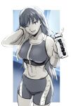  1girl aoba_(smartbeat) bangs bare_shoulders bike_shorts bottle breasts collarbone fate/grand_order fate_(series) greyscale highres large_breasts long_hair looking_at_viewer martha_(fate) monochrome navel one_eye_closed open_mouth smile solo sports_bra thighs water_bottle 