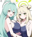  3girls artist_name bandaid bare_arms bare_shoulders black_one-piece_swimsuit blue_archive blush breasts dated green_eyes green_hair green_halo halo highres hoshino_(blue_archive) hoshino_(young)_(blue_archive) huge_breasts large_breasts light_brown_hair long_hair multiple_girls myeolchi nonomi_(blue_archive) one-piece_swimsuit open_mouth parted_lips pink_hair ribbon school_swimsuit short_hair signature simple_background smile swimsuit white_background yellow_eyes yellow_halo yume_(blue_archive) 