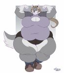 2022 anthro artist_name belly bicep_curl big_belly big_breasts bottomwear breasts brown_hair canid canine canis clothing dedoarts digital_media_(artwork) female flexing footwear fur grey_body grey_fur hair hi_res mammal multicolored_body multicolored_fur obese obese_anthro obese_female overweight overweight_anthro overweight_female shoes shorts socks solo sophia_(xxsparcoxx) two_tone_body two_tone_fur wolf