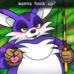  anthro big_the_cat blush clothing domestic_cat felid feline felis fishing_rod flirting fur gloves handwear looking_at_viewer male mammal nishi_oxnard purple_body purple_fur sega solo sonic_the_hedgehog_(series) yellow_eyes 