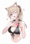  1girl animal_ear_fluff animal_ears bare_arms bare_shoulders bikini black_bikini black_ribbon blonde_hair blue_eyes blush breasts cat_ears cat_girl cleavage commentary front-tie_bikini_top front-tie_top hair_ribbon heart heart_hands highres looking_at_viewer medium_breasts navel one_eye_closed open_mouth original ponytail ribbon simple_background solo soybean_(hisoybean) swimsuit symbol-only_commentary upper_body white_background 