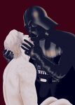  2boys ayakigio black_cape blonde_hair cape clothed_male_nude_male darth_vader helmet highres mole mole_under_eye multiple_boys nude obi-wan_kenobi obi-wan_kenobi_(disney+) open_mouth red_background simple_background star_wars yaoi 