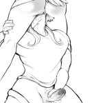  1boy 1girl ass bare_shoulders bird_tail cunnilingus double_daggers greyscale hetero highres kneeling league_of_legends long_hair male_masturbation male_pubic_hair masturbation monochrome oral pubic_hair pussy rakan_(league_of_legends) shirt standing tail xayah 