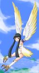  1girl :d absurdres bird_legs black_hair blue_sky blunt_ends brown_eyes claws cloud day feathered_wings flying gonyleptidae harpy highres idolmaster idolmaster_million_live! idolmaster_million_live!_theater_days kitakami_reika long_hair looking_at_viewer monster_girl monsterification navel ocean outdoors sky smile solo twintails very_long_hair winged_arms wings 