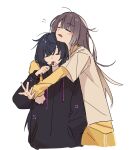  2girls black_hair black_hoodie brushing_teeth chinese_commentary chuanzhoujikou closed_eyes commentary_request cropped_torso grey_hair hand_in_pocket height_difference highres hood hoodie hug hug_from_behind layered_sleeves long_hair long_sleeves multiple_girls open_mouth original short_hair short_over_long_sleeves short_sleeves simple_background sleeping upper_body white_background yuri 