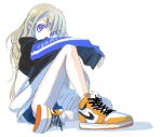  1girl bad_id bad_twitter_id bare_legs blonde_hair blue_eyes borrowed_character halftone hood hood_down hooded_jacket inactive_account jacket legs long_hair looking_at_viewer nike_(company) original shoelaces shoes short_shorts shorts simple_background sketch sleeves_past_wrists sneakers solo white_background yowamidori 