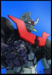  black_border blue_background border clenched_hand mazinger_(series) mazinger_z mazinger_z:_infinity mazinger_z_(mecha) mecha mecha_focus no_humans robot signature super_robot yanase_takayuki 