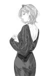  1girl absurdres dress earrings greyscale hair_between_eyes highres jewelry long_sleeves looking_at_viewer looking_back moaomao_mo monochrome original parted_lips ring short_hair simple_background sketch solo standing white_background 