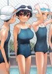  4girls black_hair blonde_hair blue_swimsuit blush breasts collarbone commentary_request covered_navel covered_nipples flat_chest goggles goggles_on_head highres kaedeko_(kaedelic) lady_flat_chest_(kaedeko) large_breasts looking_at_another multiple_girls one-piece_swimsuit oppai_loli original red_eyes sasaki_kanna_(kaedeko) school_swimsuit smile standing swimsuit 