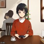  1boy 2girls black_hair coffee_cup copyright_name cup dairoku_ryouhei day disposable_cup earrings gift holding holding_gift indoors jewelry lilu_(tw) long_sleeves looking_at_viewer margarita_thompson multiple_girls plant red_eyes red_shirt shirt short_hair sitting spoon table window 