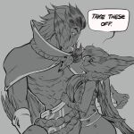  1boy 1girl abs animal_ears bird_boy bird_ears bird_girl bird_tail blush braid double_daggers english_text eye_contact from_side greyscale highres league_of_legends long_hair looking_at_another monochrome muscular muscular_male pants profile rakan_(league_of_legends) short_hair speech_bubble tail xayah 