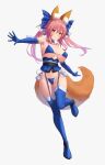  1girl absurdres animal_ear_fluff animal_ears bikini blue_bikini blue_thighhighs blush boots breasts commentary_request elbow_gloves fate/extella fate/extra fate_(series) fox_ears fox_girl fox_tail garter_straps gloves hair_ornament hair_ribbon highres large_breasts long_hair looking_at_viewer pink_hair ribbon side-tie_bikini_bottom simple_background smile solo swimsuit tail tamamo_(fate) tamamo_no_mae_(fate/extra) tansui_san_(tcjp4784) thigh_boots thighhighs thighhighs_under_boots white_background yellow_eyes 