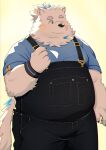 absurd_res anthro blue_eyes blush canid canine canis clothing domestic_dog eyebrows fur hi_res lifewonders live_a_hero male mammal nordic_sled_dog overalls overweight ruoain samoyed solo spitz thick_eyebrows white_body white_fur yohack