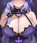  1girl absurdres band_(skymole01) black_background black_swan_(honkai:_star_rail) blue_veil breasts cleavage commentary dress head_out_of_frame highres honkai:_star_rail honkai_(series) long_hair purple_dress purple_hair simple_background smile veil 