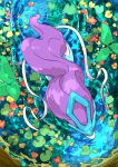  animal_focus aomon_(yuuji7604) blue_skin colored_skin commentary_request from_above highres lily_pad long_hair multicolored_skin no_humans pokemon pokemon_(creature) prehensile_ribbon purple_hair suicune two-tone_skin water white_skin 