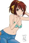  1girl bikini bikini_top_only blue_pants breasts brown_eyes brown_hair cleavage closed_mouth collarbone dated green_bikini hair_ribbon hairband medium_breasts medium_hair mimic_(ryon733) navel official_alternate_hairstyle pants ponytail ribbon simple_background smile solo stomach suzumiya_haruhi suzumiya_haruhi_no_yuuutsu swept_bangs swimsuit white_background yellow_hairband yellow_ribbon 