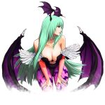  animal_print bare_shoulders bat_print black_leotard breasts cleavage clothing_cutout collarbone demon_girl green_eyes green_hair green_nails head_wings heart_cutout highres juurouta_(pixiv3673286) leotard long_hair morrigan_aensland pantyhose purple_pantyhose simple_background strapless strapless_leotard vampire_(game) white_background wings 