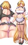  1girl absurdly_long_hair alternate_costume anisdrawn apron ass black_footwear black_skirt blonde_hair breasts cleavage commentary crop_top cup cynthia_(pokemon) enmaided frilled_apron frills garter_straps grey_eyes hair_ornament highleg highleg_panties highres holding holding_cup large_breasts long_hair looking_at_viewer maid midriff miniskirt multiple_views navel panties pokemon pokemon_dppt puffy_short_sleeves puffy_sleeves shoes short_sleeves shrug_(clothing) simple_background skindentation skirt standing stomach thighhighs underwear very_long_hair waist_apron white_apron white_background white_panties 