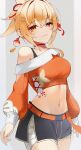  1girl :3 absurdres bandaged_leg bandages belt blonde_hair choker closed_mouth collarbone cowboy_shot crop_top genshin_impact grey_background grey_shorts groin hair_between_eyes half_updo hiciki highres long_sleeves looking_at_viewer midriff navel orange_belt orange_eyes red_choker short_shorts shorts solo standing stomach stomach_tattoo tattoo yoimiya_(genshin_impact) 