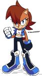  1girl alternate_costume animal_ears artist_name bangs black_pants blue_eyes blue_jacket boots brown_hair clenched_hands closed_mouth crop_top drawloverlala eyelashes gloves hair_between_eyes highres jacket looking_at_viewer midriff pants sally_acorn serious short_hair solo sonic_(series) sonic_the_hedgehog_(archie_comics) tail white_background 