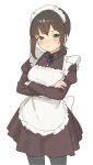  1girl alternate_costume apron black_ribbon blush brown_dress brown_hair closed_mouth collared_dress cowboy_shot crossed_arms crossed_bangs dress enmaided frilled_apron frills fubuki_(kancolle) green_eyes hair_between_eyes juliet_sleeves kantai_collection long_sleeves looking_at_viewer low_ponytail maid maid_apron maid_headdress medium_hair neck_ribbon pantyhose puffy_sleeves ribbon sakieko sidelocks simple_background smile smug solo standing white_apron white_background 