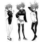  1girl :p animal_ears blush bow bowtie breasts china_dress chinese_clothes covered_navel double_bun dress fumitan_(humitan) greyscale hair_bun heart_pasties high_heels highres hood hoodie looking_at_viewer maebari meme_attire midriff monochrome multiple_views navel original pasties rabbit_ears rabbit_tail reverse_bunnysuit reverse_outfit shorts shrug_(clothing) simple_background smile tail thighhighs tongue tongue_out two_side_up white_background 