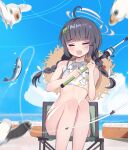  1girl beach bikini bird black_hair blue_archive blush braid chair closed_eyes fish fishing fishing_line fishing_rod flat_chest grey_halo halo hat hat_on_back highres holding holding_fishing_rod leaf leaf_on_head legs legs_together midriff miyu_(blue_archive) miyu_(swimsuit)_(blue_archive) official_alternate_costume open_mouth print_bikini rabbit rabbit_charm seagull sidelocks sitting solo straw_hat swimsuit twin_braids twintails zhnyy3 