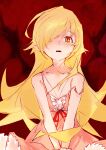  1girl between_legs blonde_hair bow collarbone dress fangs flat_chest frilled_dress frills furrowed_brow hair_over_one_eye hand_between_legs highres kiss-shot_acerola-orion_heart-under-blade kizumonogatari light_blush long_hair looking_at_viewer moku_(muooku) monogatari_(series) open_mouth oshino_shinobu pink_dress pointy_ears red_background red_bow shiny_skin single_off_shoulder sitting skin_fangs slit_pupils solo very_long_hair 