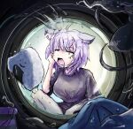  1girl absurdres animal_ears black_shirt breasts cat_ears cat_girl highres hololive large_breasts liamickpie looking_at_viewer nekomata_okayu shirt solo washing_machine water 