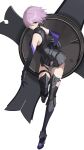  1girl armor armored_dress armored_leotard black_armor closed_mouth commentary_request elbow_gloves fate/grand_order fate_(series) floating_hair full_body gauntlets gloves hair_over_one_eye highres holding holding_shield holding_weapon light_purple_hair looking_at_viewer mash_kyrielight one_eye_covered purple_eyes rikui_(rella2930) shield short_hair simple_background solo standing standing_on_one_leg thighhighs weapon white_background 