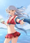  1girl :d absurdres arm_up bangs bare_shoulders bikini blue_scarf blush bracelet breasts cleavage collarbone fingerless_gloves fire_emblem fire_emblem:_radiant_dawn fire_emblem_heroes foreshortening gem gloves grey_hair hair_ribbon half_updo highres holding jewelry long_hair looking_at_viewer medium_breasts micaiah_(fire_emblem) navel necklace ocean official_alternate_costume open_mouth outstretched_arm outstretched_hand pearl_(gemstone) pearl_bracelet pearl_necklace reaching_out red_bikini red_gloves red_swimsuit ribbon ring scarf seashell shell smile solo standing swimsuit takaneko towel yellow_eyes 