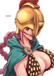 1girl aosora2823 armor artist_name bikini_armor braid braided_ponytail breasts brown_eyes cape closed_mouth green_cape helmet highres large_breasts long_hair looking_at_viewer one_piece pink_hair rebecca_(one_piece) simple_background solo upper_body white_background 