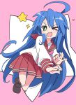  1girl :3 :d ahoge blue_hair collarbone commentary_request full_body green_eyes hair_between_eyes huge_ahoge ixy izumi_konata light_blush loafers long_hair long_sleeves looking_at_viewer lucky_star mole mole_under_eye neckerchief one_eye_closed open_mouth pink_background pink_neckerchief pleated_skirt red_sailor_collar red_skirt ryouou_school_uniform sailor_collar school_uniform serafuku shoes simple_background skirt smile solo star_(symbol) very_long_hair 