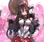  1girl breasts brown_eyes brown_hair cherry_blossoms detached_sleeves flower hair_flower hair_ornament headgear highres holding holding_umbrella kantai_collection large_breasts long_hair oil-paper_umbrella petals pink_flower pleated_skirt ponytail red_skirt rigging simple_background skirt smile solo sunday_aki tassel umbrella very_long_hair yamato_(kancolle) 