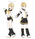  1boy 1girl :d absurdres arm_behind_back bangs black_sailor_collar black_shorts black_sleeves blonde_hair blue_eyes brother_and_sister collarbone crop_top detached_sleeves hair_ornament hairclip hand_on_hip headphones highres kagamine_len kagamine_rin kneehighs long_sleeves loose_socks midriff neckerchief necktie parted_bangs puffy_long_sleeves puffy_sleeves sailor_collar shirt shoes short_hair short_shorts short_sleeves shorts siblings simple_background sleeveless sleeveless_shirt smile socks syhan twins vocaloid white_background white_footwear white_shirt yellow_neckerchief yellow_necktie 