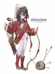  1girl absurdres arrow_(projectile) bilibili_xiaolu black_hair bow_(weapon) braid closed_mouth english_text full_body green_eyes hair_between_eyes highres jacket jewelry long_hair long_sleeves looking_at_viewer original pointy_footwear quiver red_footwear red_jacket ring sash simple_background single_braid solo standing thighhighs weapon white_background white_thighhighs 