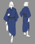  1boy arm_at_side arm_out_of_sleeve blue_kimono closed_mouth full_body grey_background halorane hand_fan holding holding_fan ishikawa_goemon_xiii japanese_clothes kimono looking_to_the_side lupin_iii male_focus multiple_views partially_colored sandals short_hair sketch standing stepping zouri 